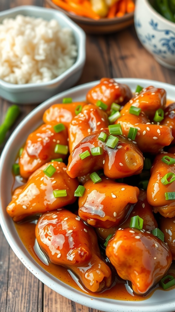 Plate of sticky garlic honey chicken garnished with green onions and sesame seeds, served with rice and vegetables.